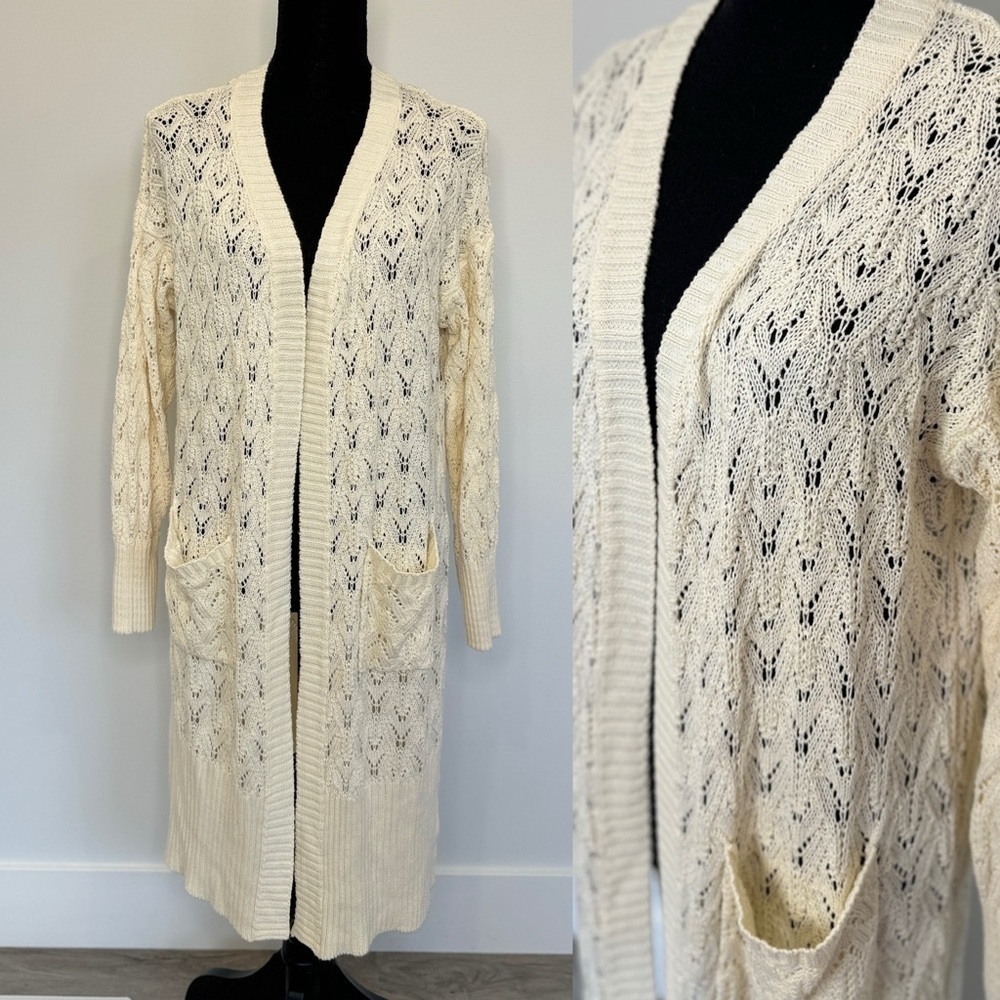 Pink Rose Cream Front Open Long Sleeve Knit Cardigan with Pockets (Large)